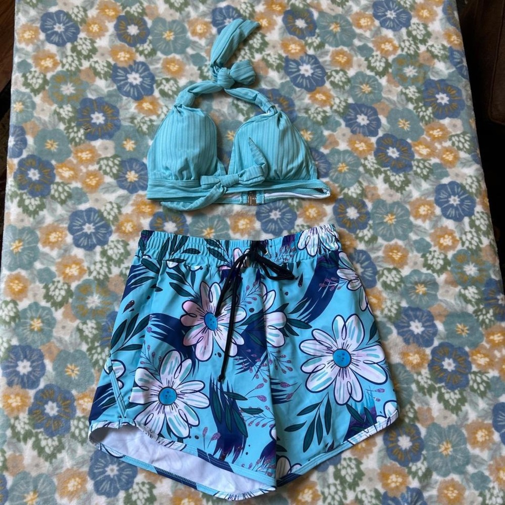 Aqua Blue and white floral bikini tie set women's small NWT